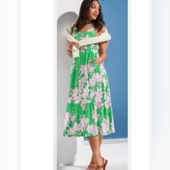 CAbi Dresses & Skirts - CAbi Weekend Dress #6217 Sz Large Green Tiered Midi Tank Dress Pink White Floral